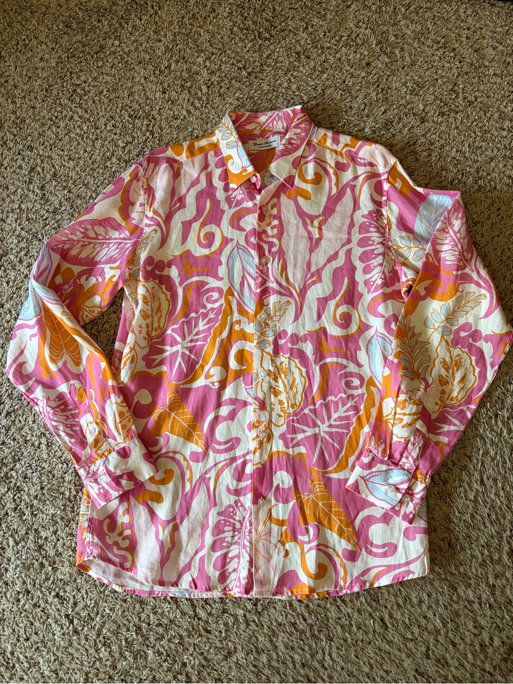 Guiseppi Annunziata Pink & Orange Floral Linen Button-Down Shirt - Large